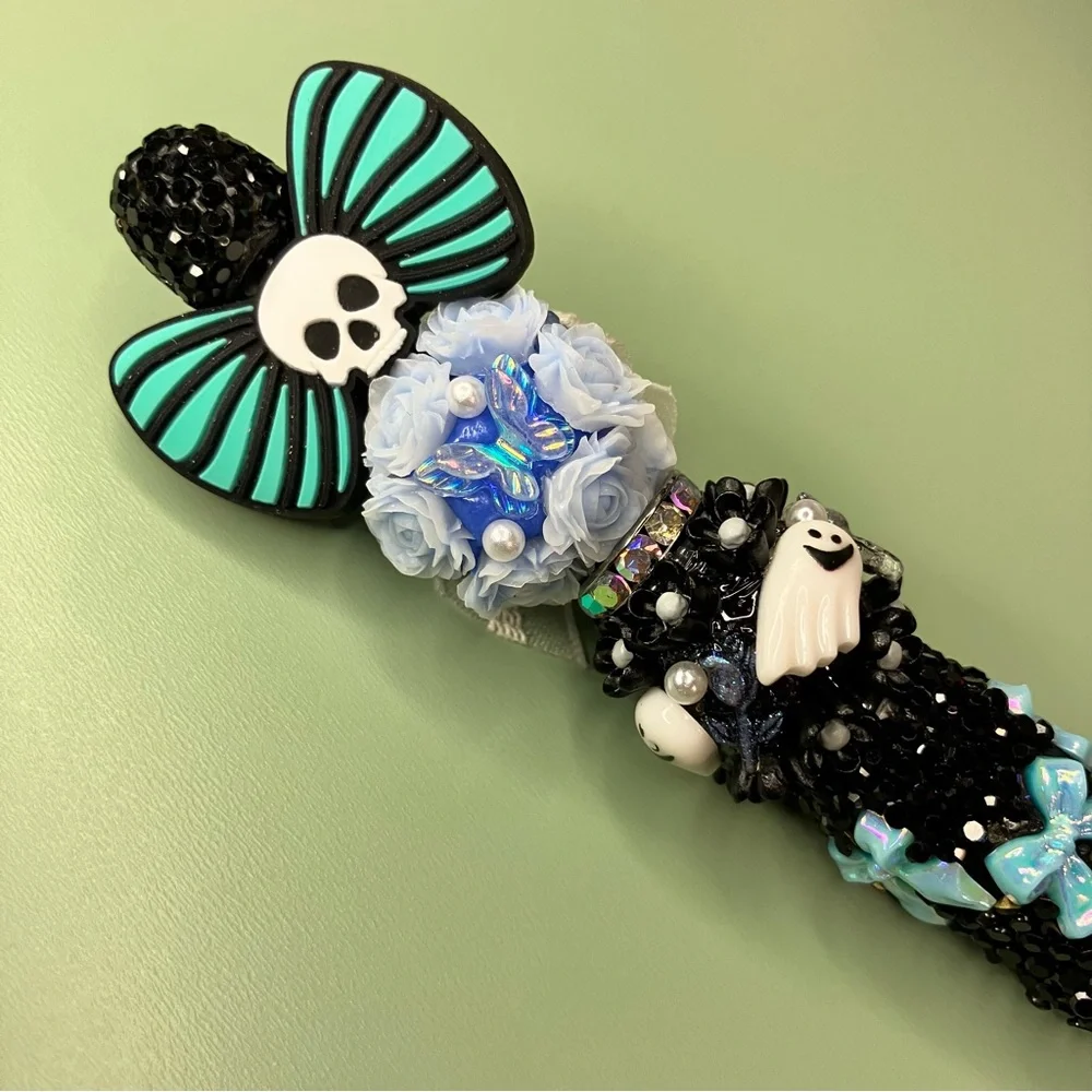 Blue and Black Skull Bow Floral Emo Aesthetic Rhinestone Handmade Beaded Pen